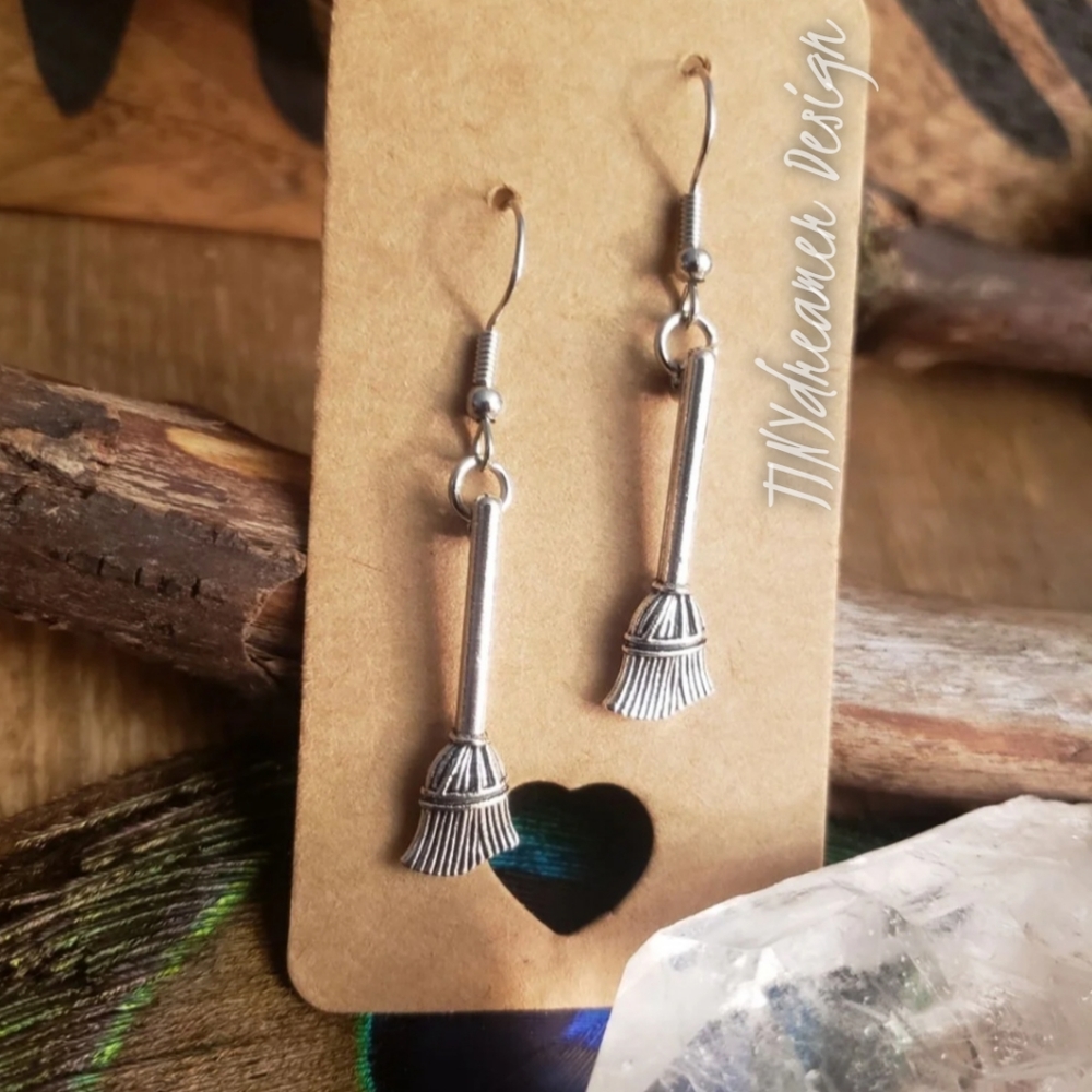 Pagan Wiccan Witchy Broomstick Halloween earrings Witch Jewelry Gift idea broom